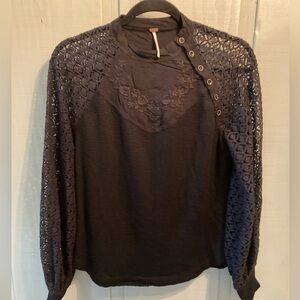 Free People Sweetest Thing Thermal Top Lace Sleeves Black Small Embroidered